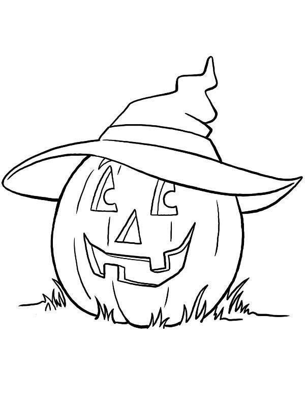 Kolorowanka uśmiechnięta dynia w kapeluszu na Halloween